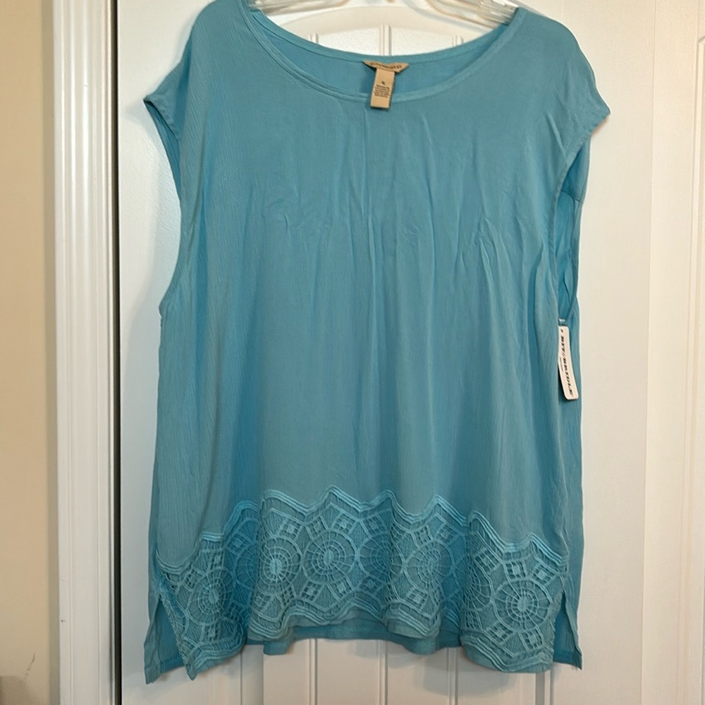 Bit and Bridle blouse. Light blue. Size XL. Lace insert New with tag. Sleeveless